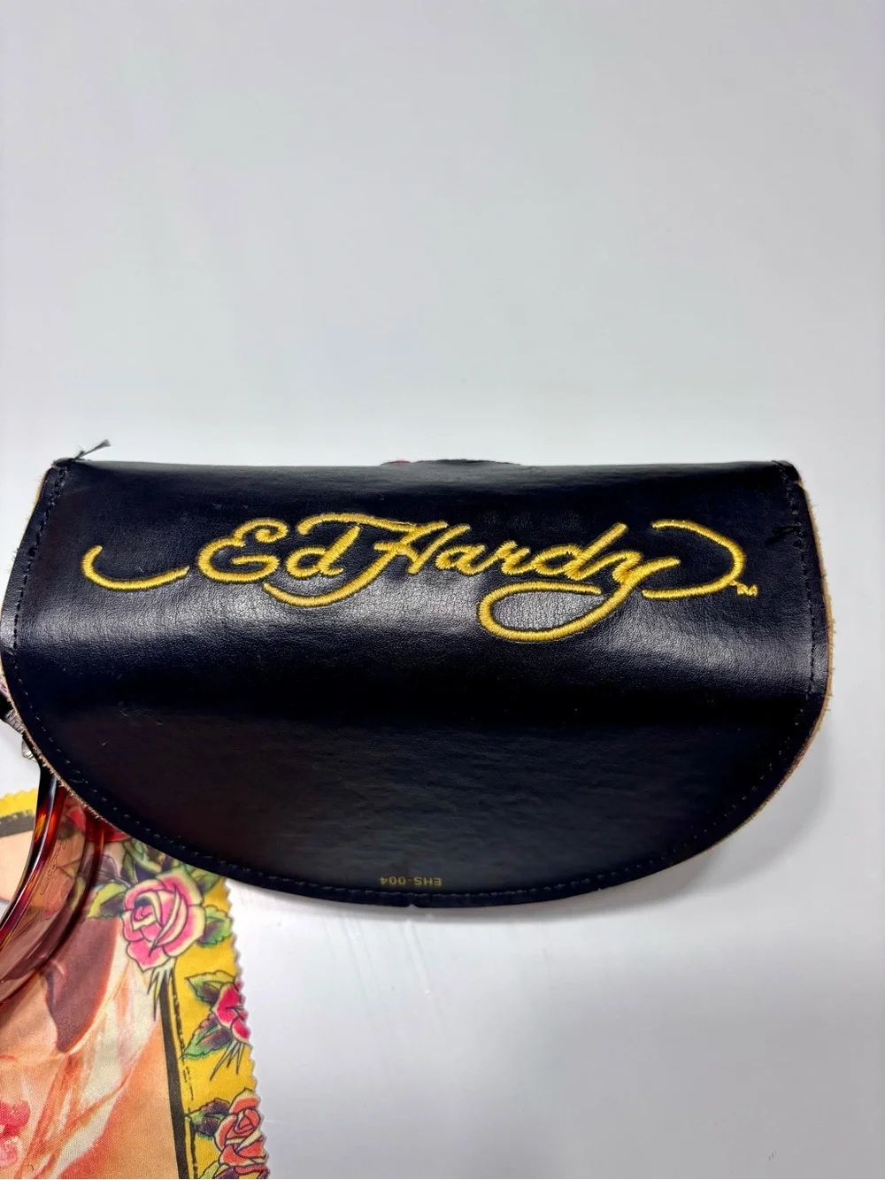 Vintage y2k Ed Hardy EHS-004 Sunglasses with Black Floral Embroidered Case